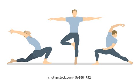 Yoga workout set on white background. Different poses and asanas. Healthy lifestyle. Body stretching. Exercises for men.