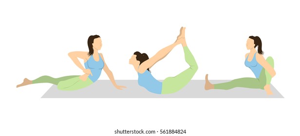 Yoga workout set on white background. Different poses and asanas. Healthy lifestyle. Body stretching. Exercises for women.