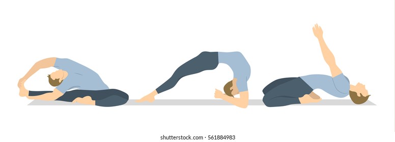Yoga workout set on white background. Different poses and asanas. Healthy lifestyle. Body stretching. Exercises for men.