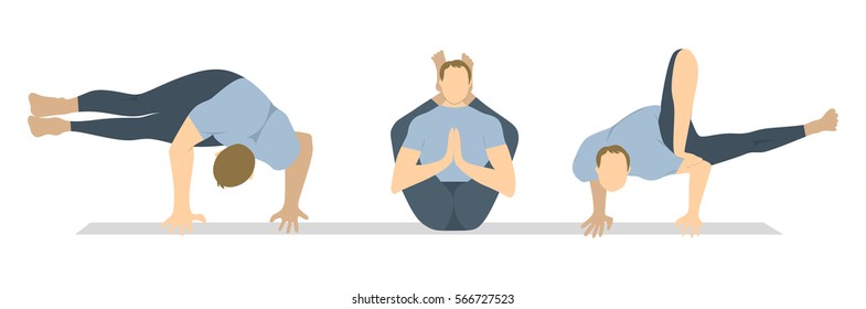 Yoga workout set on white background. Different poses and asanas. Healthy lifestyle. Body stretching. Exercises for men.