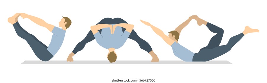 Yoga workout set on white background. Different poses and asanas. Healthy lifestyle. Body stretching. Exercises for men.