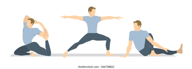 Yoga workout set on white background. Different poses and asanas. Healthy lifestyle. Body stretching. Exercises for men.