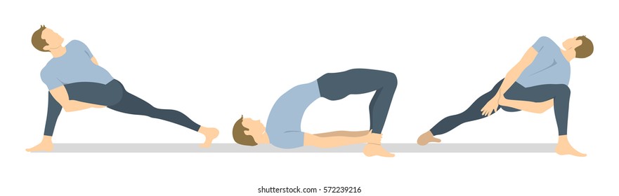 Yoga workout set on white background. Different poses and asanas. Healthy lifestyle. Body stretching. Exercises for men.
