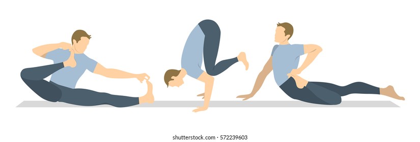 Yoga workout set on white background. Different poses and asanas. Healthy lifestyle. Body stretching. Exercises for men.