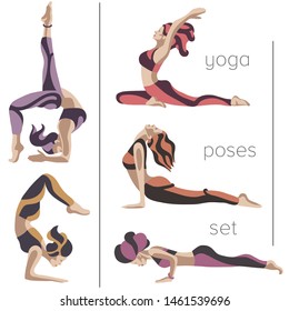 Yoga workout set of postures female figures. Women doing yoga exercises. Vector illustration. 