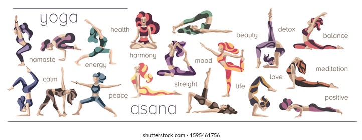 Yoga workout set of postures female figures. Women doing yoga exercises. Vector colourful illustration. 