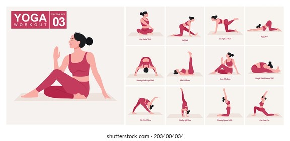 Yoga Workout Set. Young woman practicing Yoga poses. Woman workout fitness, aerobic and exercises.