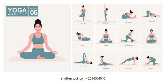 Yoga Workout Set. Junge Frau, die Yoga praktiziert. Frauen trainieren Fitness, Aerobic und Übungen.