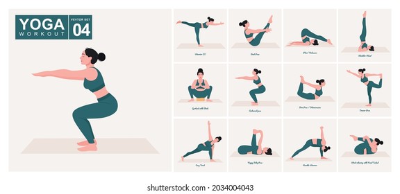 Yoga Workout Set. Young woman practicing Yoga poses. Woman workout fitness, aerobic and exercises.