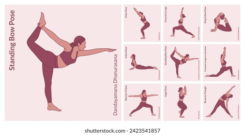 Juego de entrenamiento de yoga. Mujer joven practicando poses de yoga. Las mujeres entrenan en gimnasia, aeróbic y ejercicios.