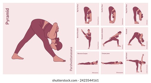 Yoga Workout Set. Junge Frau, die Yoga praktiziert. Frauen trainieren Fitness, Aerobic und Übungen.