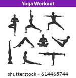 Yoga Workout. Silhouettes of a Man in Tree, Sirsasana, Boat, Warrior one, two, three, downwards and upwards facing dog, lotus Poses. 