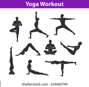 Yoga Workout. Silhouettes of a Man in Tree, Sirsasana, Boat, Warrior one, two, three, downwards and upwards facing dog, lotus Poses. 