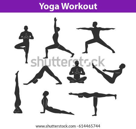 Yoga Workout. Silhouettes of a Man in Tree, Sirsasana, Boat, Warrior one, two, three, downwards and upwards facing dog, lotus Poses. 