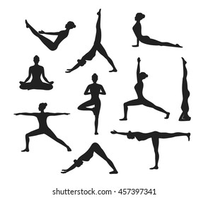 Yoga Workout. Silhouettes of a woman in Tree, Sirsasana, Boat, Warrior one, two, three, downwards and upwards facing dog, lotus, headstand poses