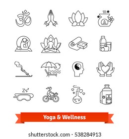 Yoga workout & wellness program. Thin line art icons set. Recreation center, ayurvedic spa therapies, health dieting, meditation practice retreat. Linear style symbols isolated on white.