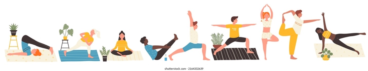 El entrenamiento de yoga de los jóvenes ilustra el vector. Caricatura: mujeres y hombres estiran el cuerpo sobre las colchonetas en casa o en el gimnasio, haciendo ejercicios gimnásticos saludables en blanco aislado de interiores. Fitness, concepto de formación