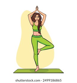 Yoga with young girl, assana tree pose, color vector illustration