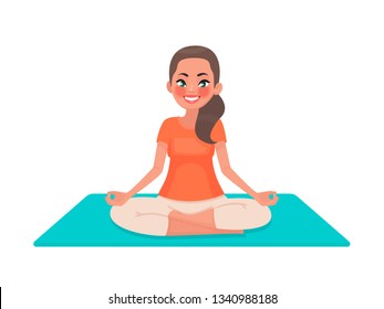 Yoga. A young girl is sitting in the lotus position. A woman is meditating. Vector illustration in cartoon style