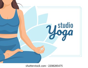 Yoga young woman, card concept. Beautiful girl in a suit doing yoga. Healthy lifestyle. Template. Vector illustration in a flat style.