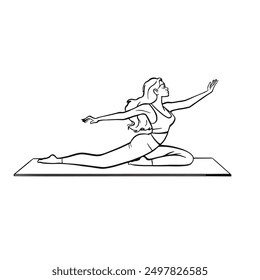 Yoga, young woman in pigeon pose, stretching, line coloring