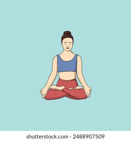 Yoga young woman in sportswear Smiling relaxed girl Meditation and stress relief Vector illustration