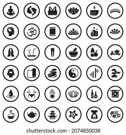 Yoga And Zen Icons. Black Flat Design In Circle. Vector Illustration.