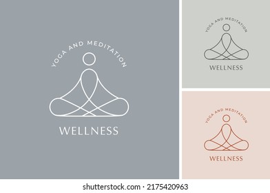 Yoga, Zen and Meditation logos, linear icons and elements. Bohemian style minimalist illustrations in pastel colors. Vector design