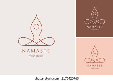 Yoga, Zen and Meditation logos, linear icons and elements. Bohemian style minimalist illustrations in pastel colors. Vector design