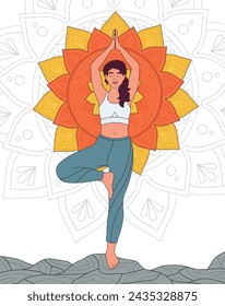 Yoga zentangle woman concept. Buddhism and spiritual art. Hippie tattoo with young girl. Minimalistic creativity and art. Linear flat vector illustration isolated on white background