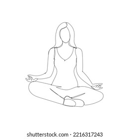 Yoga.Minimalist style vector design illustration.Yoga position one line drawing.Girl in the lotus position.Relax. Meditation.One line style.Continuous line drawing.Hand-drawn contour lines.