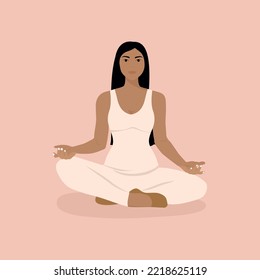 Yoga.Minimalistic vector illustration.Concept illustration for yoga.Vector illustration in flat cartoon style.Woman meditating .Relax.Woman sitting in lotus pose.Young woman meditating.