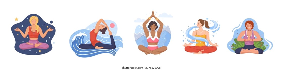 Yogas tranquil women. Exercise yoga, meditate, spiritual wellness, deep Breath, balance nature, yogas pose, isolated swanky vector illustration. Woman yoga meditation, female person character