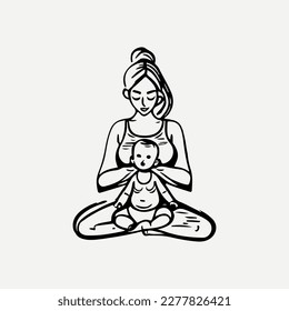 A yoga-woman with a child in her arms practices yoga. Simple freehand drawing, hatching, thin lines, flat design, logo, tattoo.