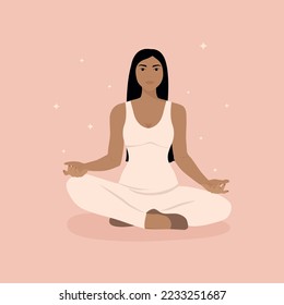 Yoga.Woman meditating .Woman sitting in lotus pose.Minimalistic vector illustration.Young woman meditating.Concept illustration for yoga.Vector illustration in flat cartoon style.Relax.