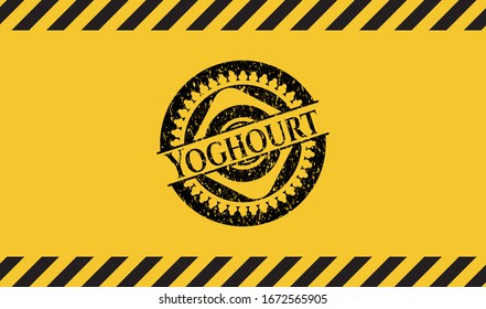 Yoghourt black grunge emblem, yellow warning sign. Vector Illustration. Detailed.