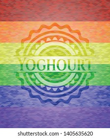 Yoghourt emblem on mosaic background with the colors of the LGBT flag