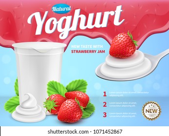 Yoghurt composition with new strawberry taste symbols realistic vector illustration