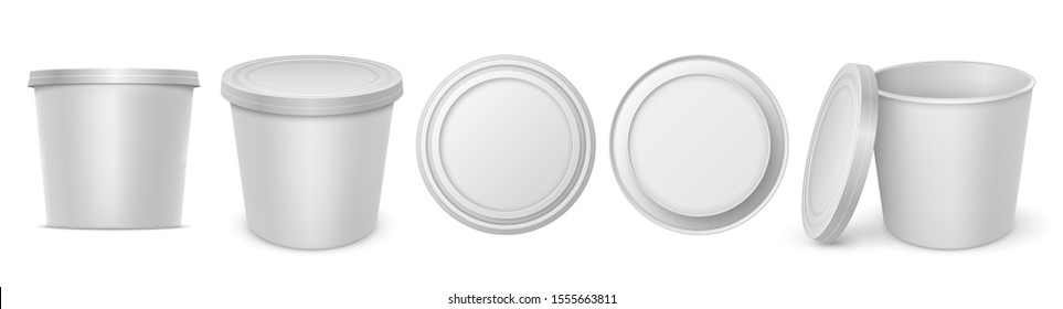 Yoghurt container. Realistic circular white blank margarine spread melted cheese or butter package mockup. Vector isolated illustration nutrition rounded boxes top front bottom set on white