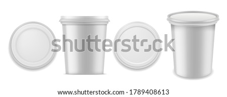 Yoghurt container. Realistic white blank plastics packaging for milk dessert product. Closed round box with curled foil top bottom front and perspective view 3d vector isolated mockups