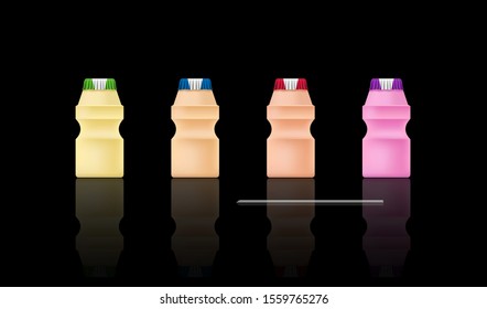 Yoghurt Drink - 4 Flavors Collection, 4 Color Of Yoghurt Drink Bottle And Its Straw In Realistic Style With Reflection On The Black Floor.