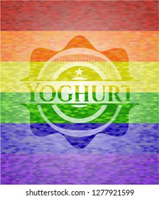 Yoghurt emblem on mosaic background with the colors of the LGBT flag