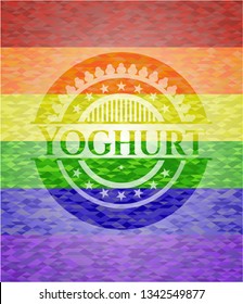 Yoghurt emblem on mosaic background with the colors of the LGBT flag