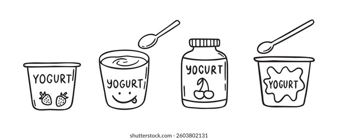 yoghurt and package of yogurt doodle hand drawn icon set. Outline drawing yoghurt line clipart symbol collection. Vector illustration