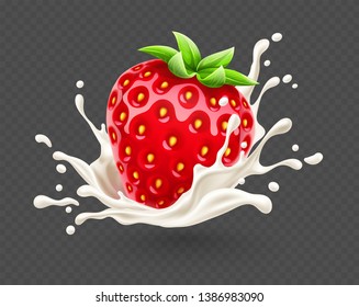 Yoghurt splash with ripe red strawberry berry fruit with green leaves, isolated on transparent grid background, dairy drink with spray and drops. Eps10 vector illustration.