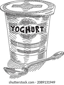 Yoghurt with spoon. Sketchy yoghurt plastic cup with spoon. Sketchy hand-drawn illustration.