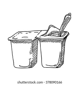 Yoghurt or yogourt plastic container and spoon
 sketch  drawing. Vintage  line style illustration. 
For restaurant and  cafe design
