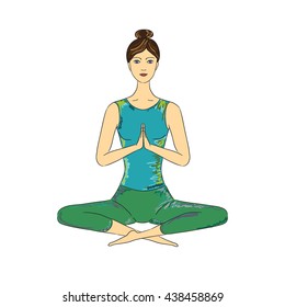 Yogi beautiful healthy girl. Colorized sketch for spa center, yoga studio, center or class. Vector illustration for printing, web site, textile, poster, flyer, banner, magazine, presentation, logo.
