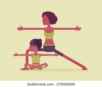 Yogi black family, mother, daughter in sport wear practicing yoga together, mom with kid doing Warrior pose, Virabhadrasana exercise, parent child healthy hobby. Vector flat style cartoon illustration