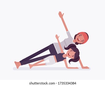 Yogi black family, mother daughter in sport wear practicing yoga together, mom with kid doing Side Plank pose, Vasisthasana exercise, parent child healthy hobby. Vector flat style cartoon illustration